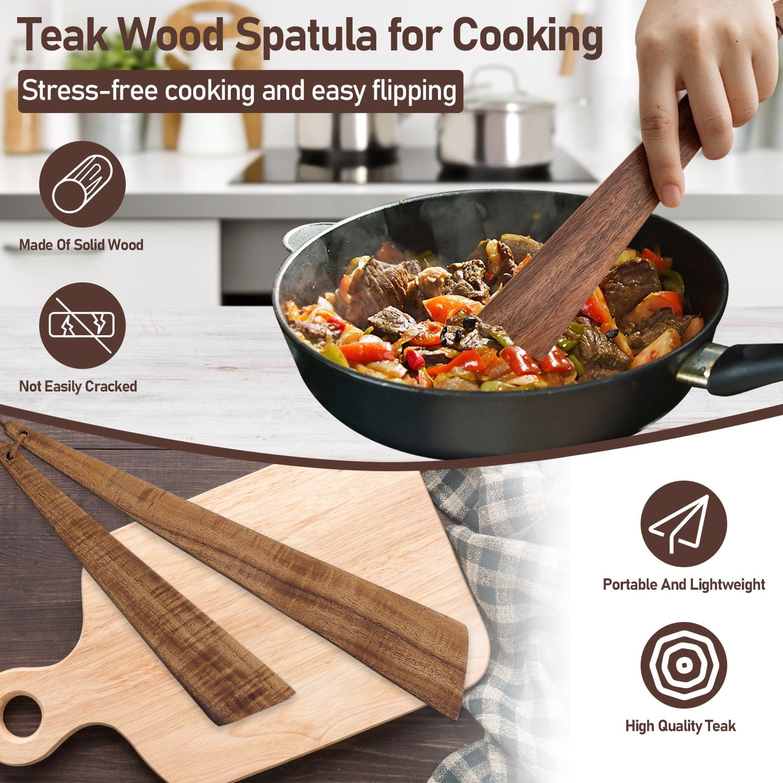 2 12" & 10" Teak Wood Spatula Set, Flat Wooden Spatula Turner, Small Wood Egg Flipper Utensils Cookware for Cooking S... - Image 4