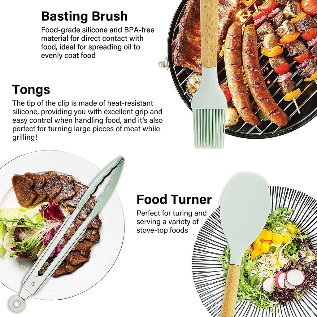 Kitchen Cooking Utensils Set, 11 pcs Non-Stick Silicone Cooking Kitchen Utensils Spatula Set with Holder, Wooden Hand... - Image 4