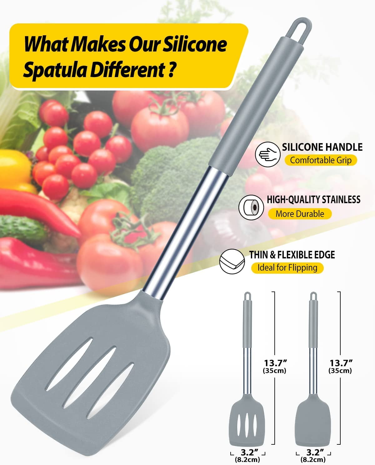 Pack of 2 Silicone Spatulas Turners, Non-Stick Slotted and Solid Kitchen Utensils, Gray - Image 4