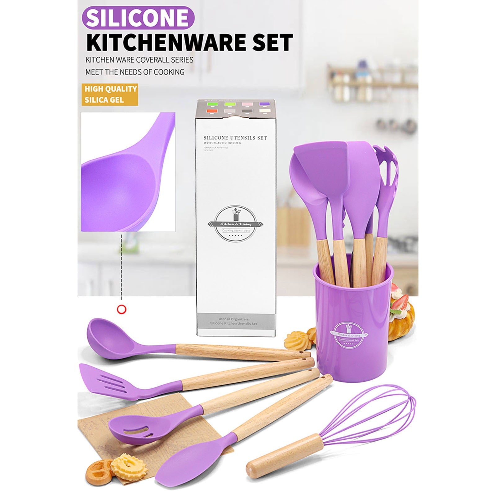 12Pcs Kitchen Utensils Set with Holder,Wooden Handles Tool,BPA Free,Non Toxic Turner Tongs Spatula Spoon Kitchen Gadg... - Image 2