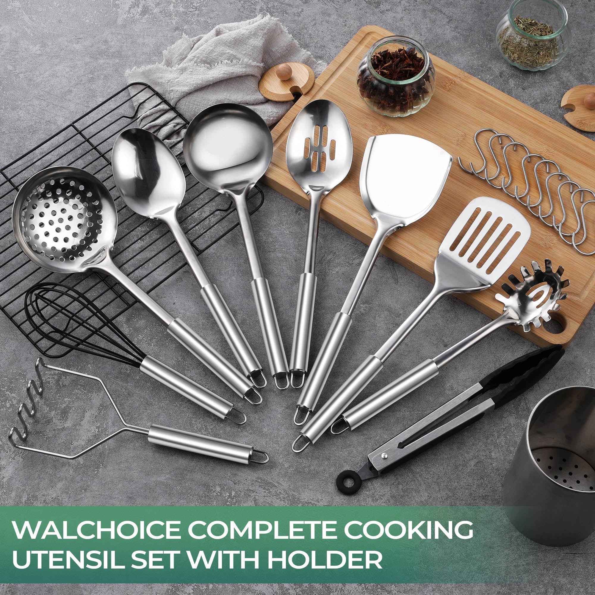 Stainless Steel Kitchen Utensils Set, 21 PCS Cooing Utensils Set With Holder, Metal Kitchen Gadgets Cookware Tools fo... - Image 5