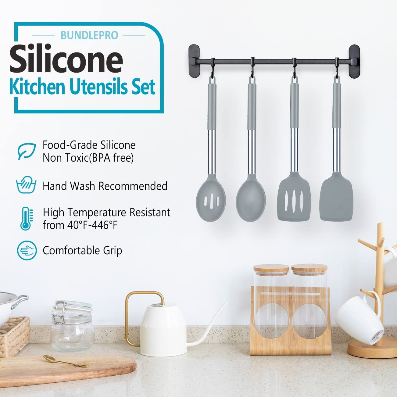4 Pack Silicone Home Kitchen Cooking Utensils Set,Solid Slotted Spatulas Spoons Set, Gray - Image 3