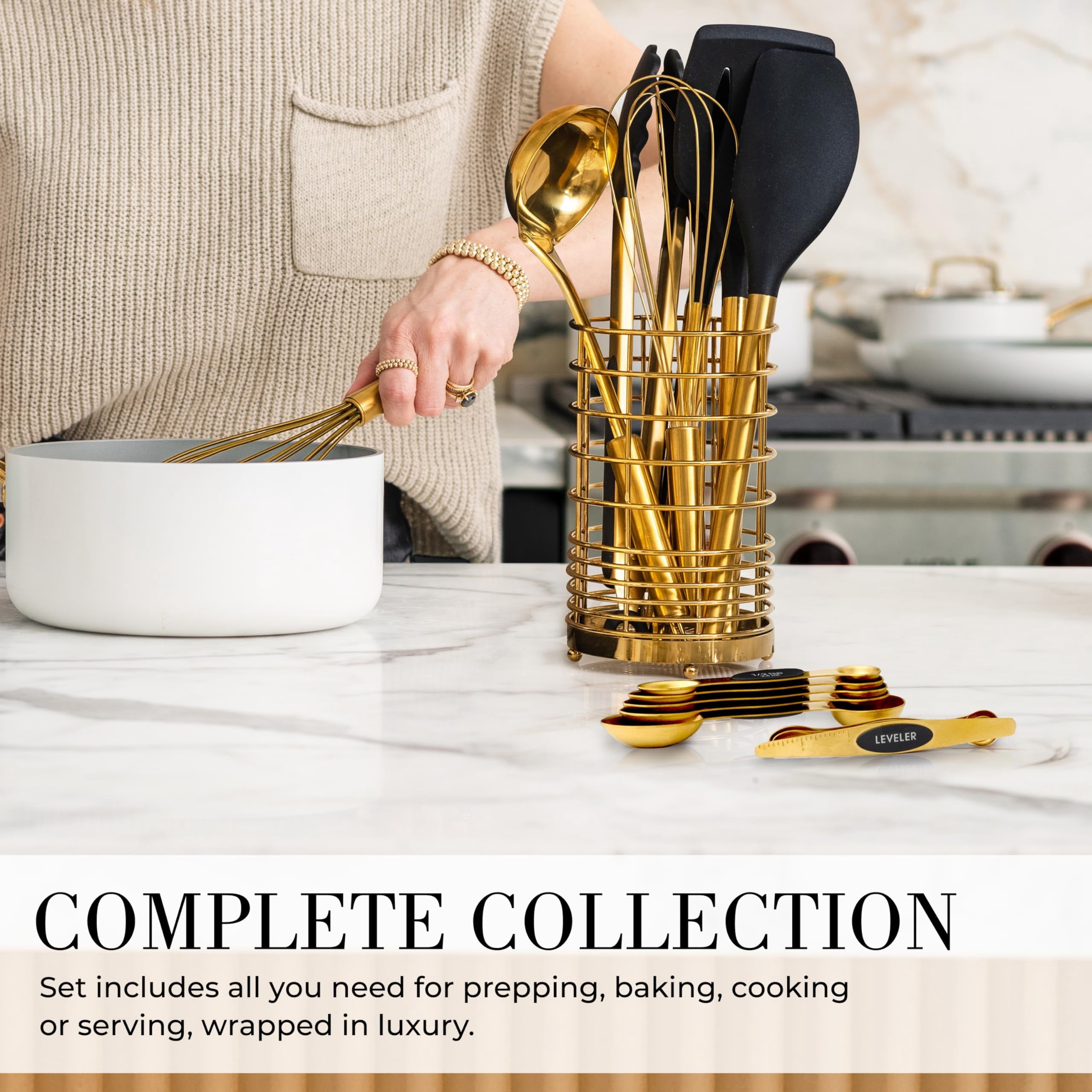 Black and Gold Kitchen Utensils Set - 15 Piece Set Includes Gold and Black Silicone Cooking Utensils with Gold Utensi... - Image 3