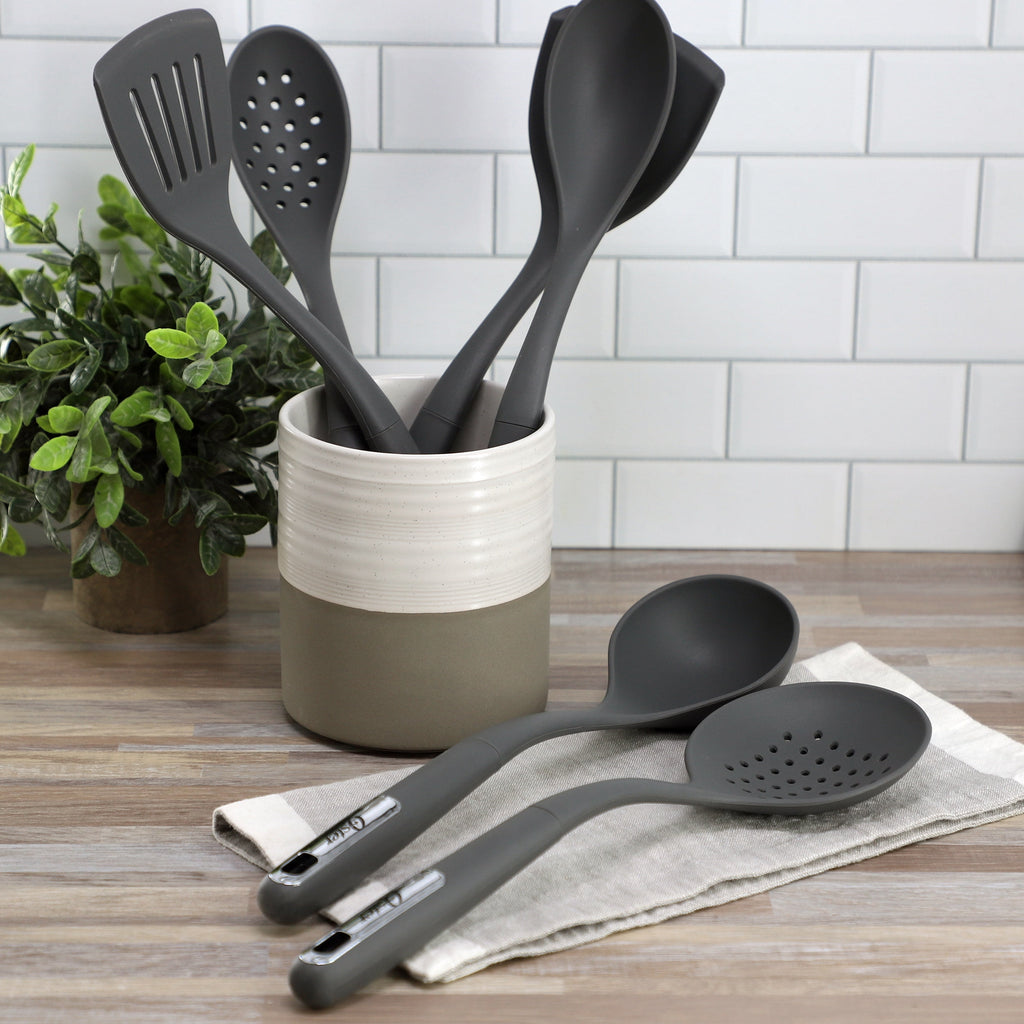 Oster Ridgecrest 2 Piece Silicone Kitchen Tool Skimmer and Ladle Set in Gray - Image 5