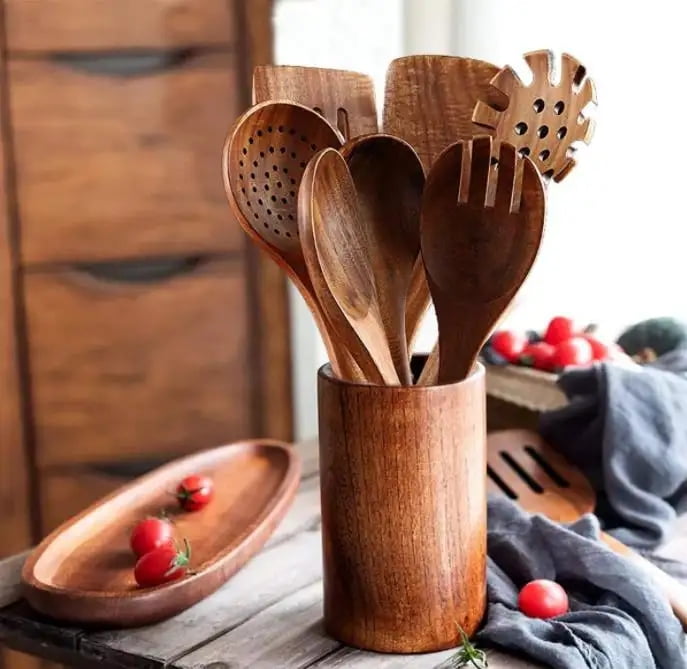 Wooden Kitchen Utensils Set, 10-Piece Natural Wood Cooking Spoons for Non-Stick Cookware - Image 5