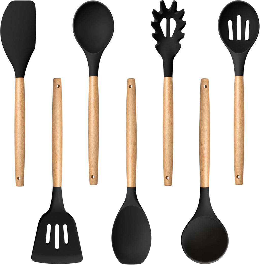 Set of 7, Silicone Kitchen Set with Wooden Handles, Heatproof Kitchen Tools for Cooking Turning Serving, Non-stick Co... - Image 2