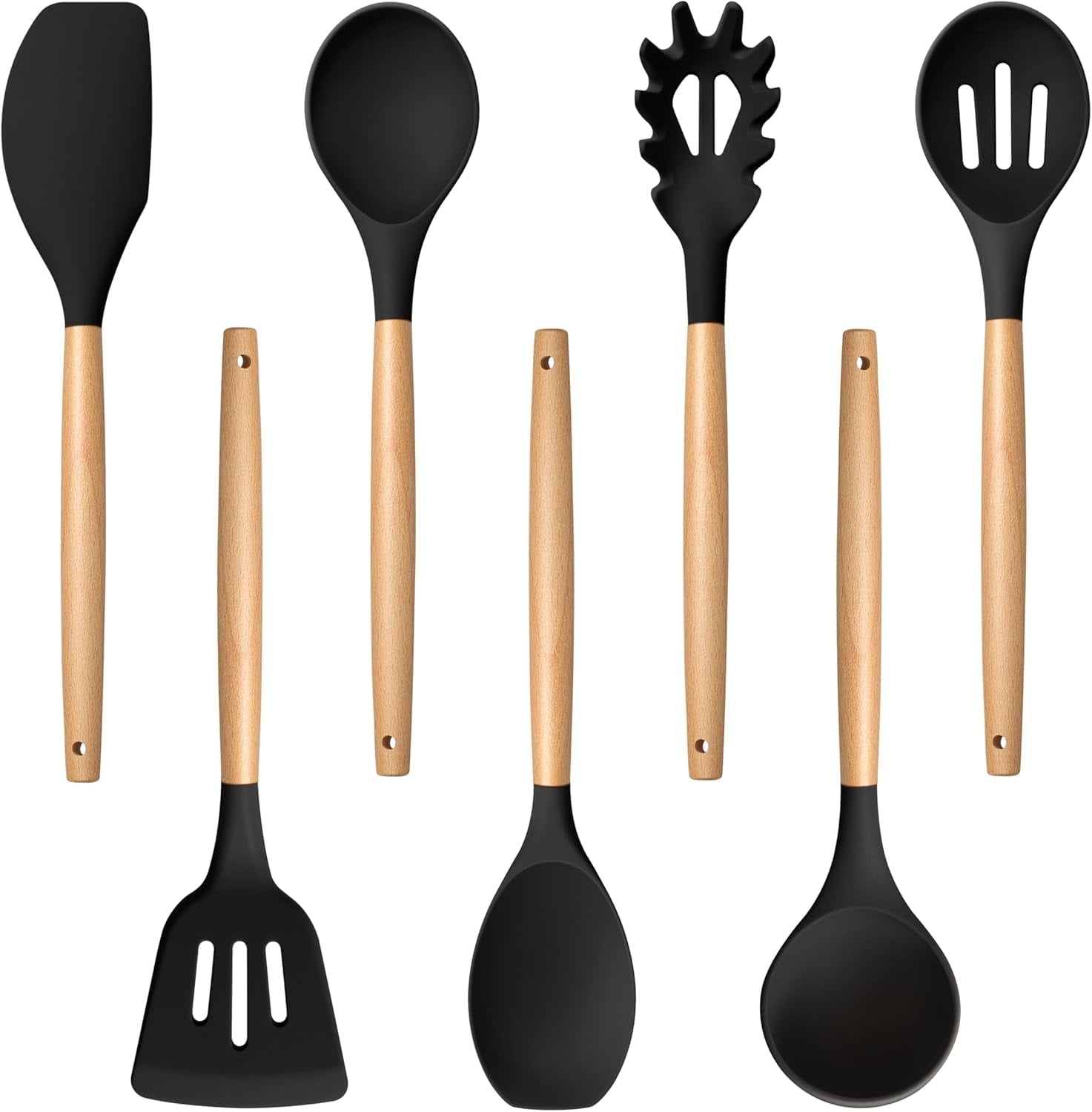 Set of 7, Silicone Kitchen Set with Wooden Handles, Heatproof Kitchen Tools for Cooking Turning Serving, Non-stick Co... - Image 2