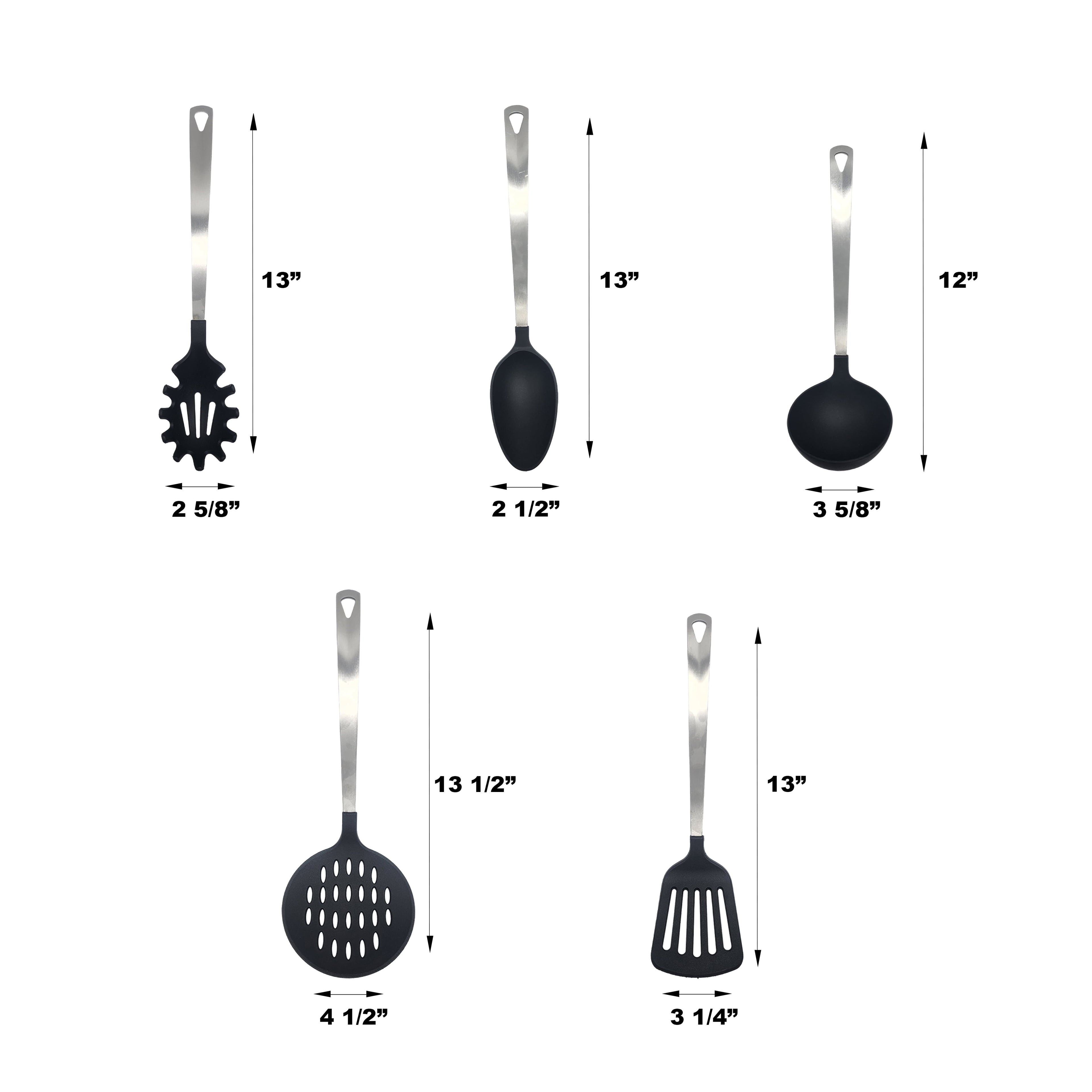 Mainstays Stainless Steel and Nylon Kitchen and Cooking Utensil Set, Spoon, Spatula, Ladle, Pasta Spoon and Skimmer Assorted Colors - Image 3