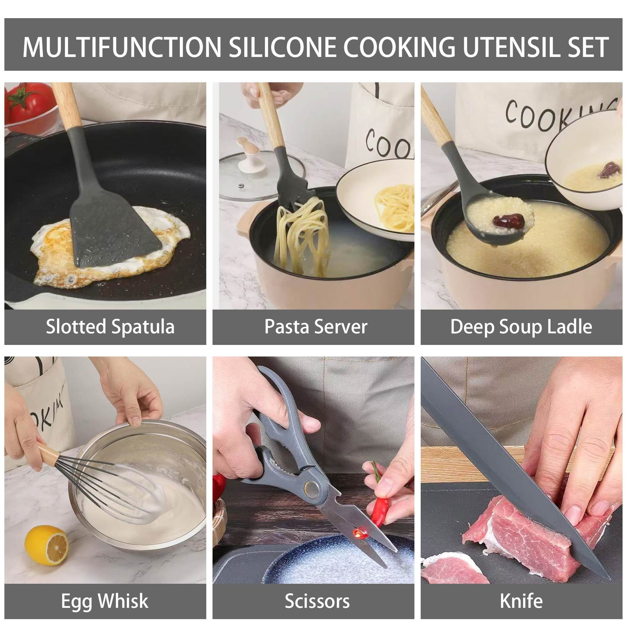 19-Piece Silicone Kitchen Utensil & Knife Set - Heat-Resistant Cooking Tools Non-Stick Safe Gift for Mom or Women Gray - Image 3