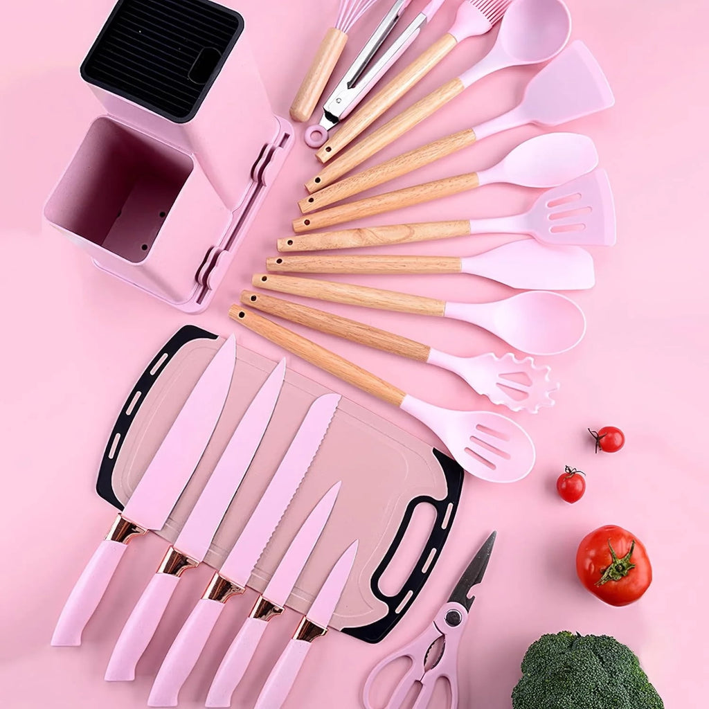 Silicone Cooking Utensils Set, Free Heat Resistant Pink Baking Tools Kitchen Knife 19 Pc - Image 3