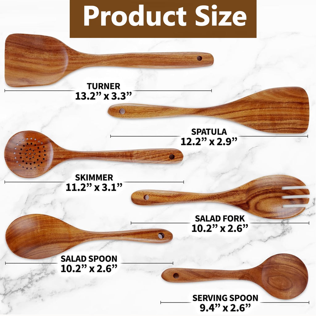 Kisportee Wooden Spoons for Cooking, Non-Stick Teak Wooden Cooking Utensils Set with Hooks, Wooden Kitchen Utensils for Everyday Baking,Cook - Image 2