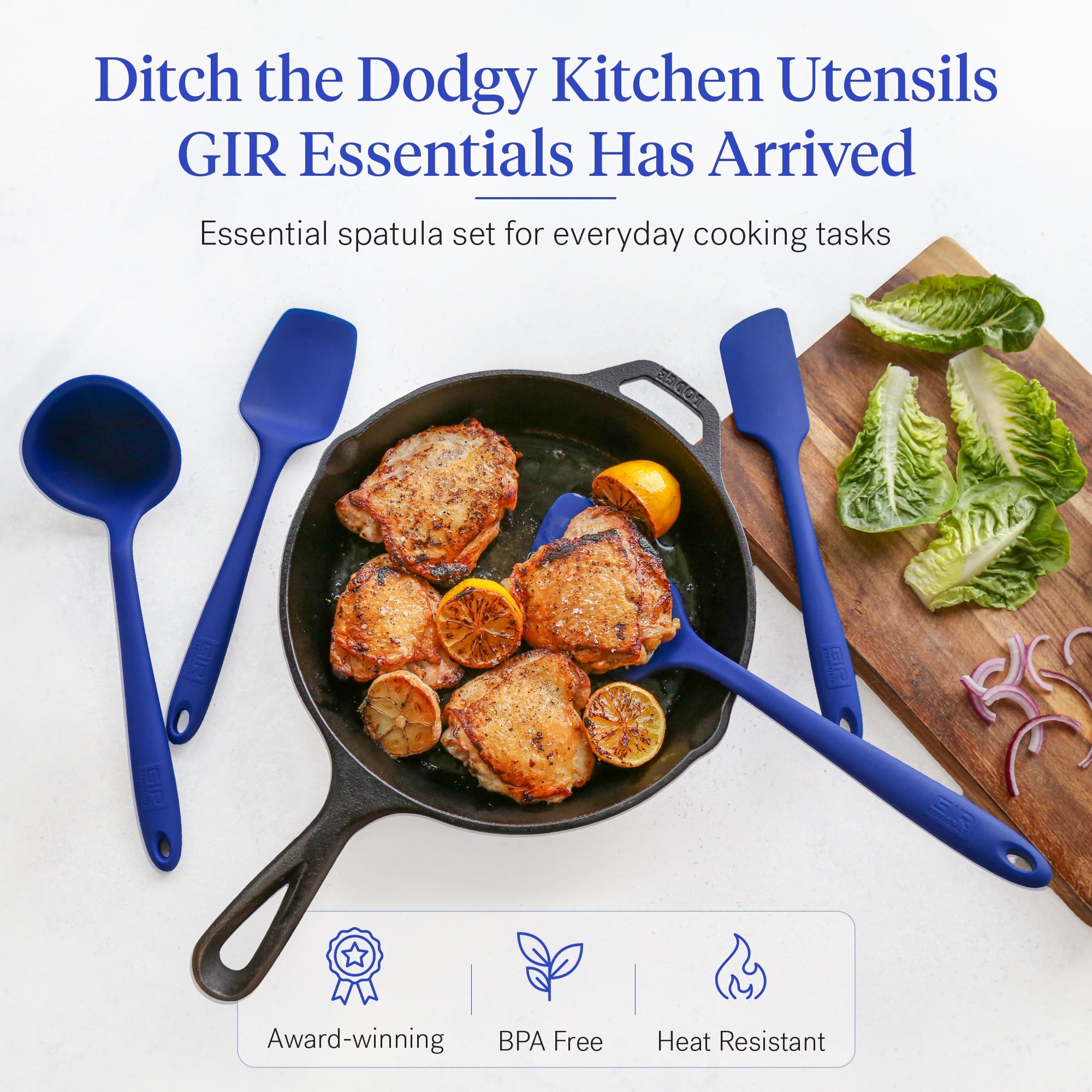 GIR Get It Right 5 Piece Essentials Silicone Cooking Utensils Set Nonstick Heat Resistant Kitchen Utensils for Cooking and Baking, Royal Blu - Image 3