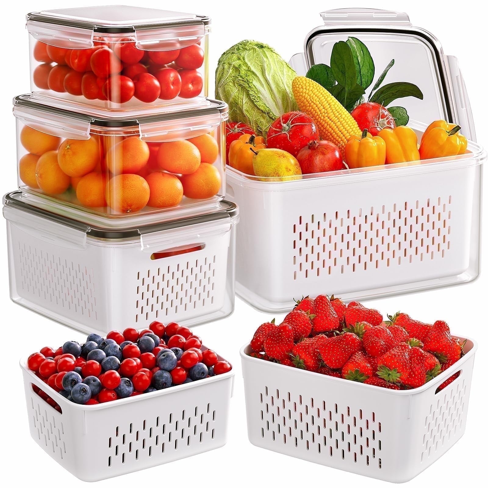 5 Pack Fruit Storage Containers for Fridge with Removable Colanders and Lids, 5 in 1 Leakproof Fridge Organizer Bins ...