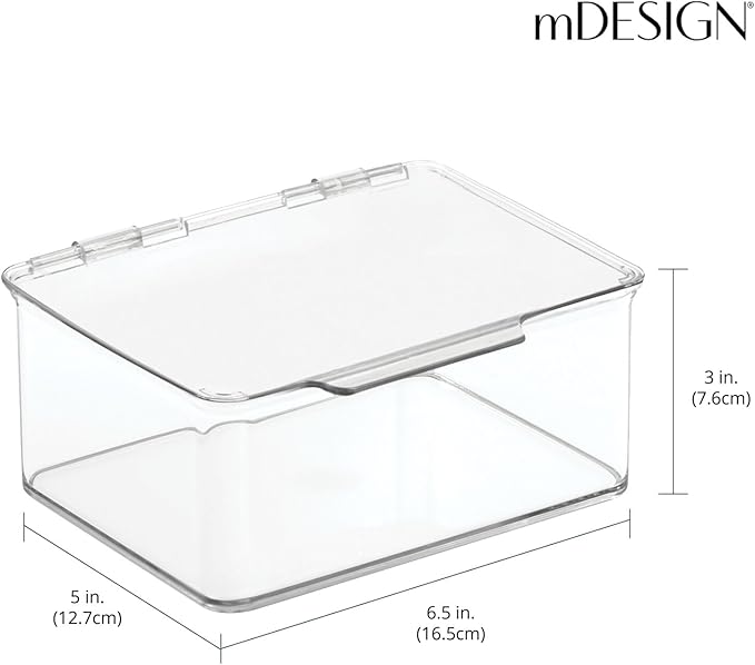 (M-Design) Discount Plastic Playroom and Gaming Storage Organizer Box Containers with Hinged Lid for Shelves or Cubbies, Holds Small Toys, Building Blocks, Puzzles, Markers, Controllers, or Crayons, 8 Pack, Clear