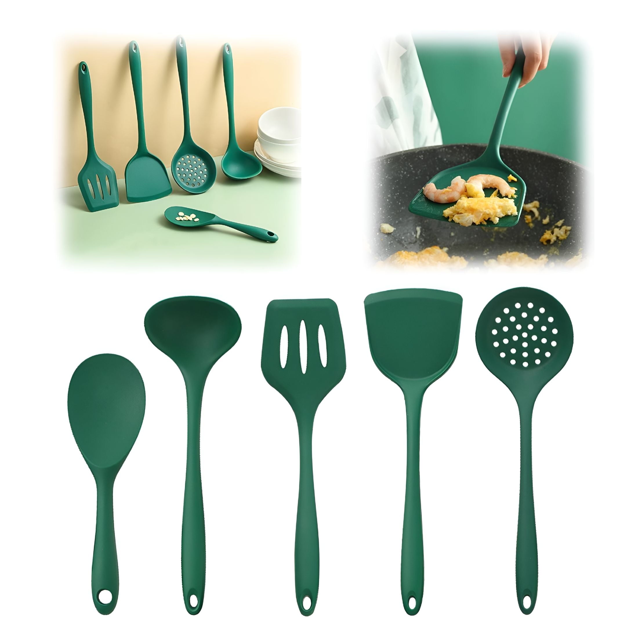 ACDANC 5Pcs Cooking Utensils Set Nonstick Silicone Cookware Set Heat Spatula Utensils Set Reusable Kitchen Gadgets Tools Set Dishwasher,Gree - Image 2