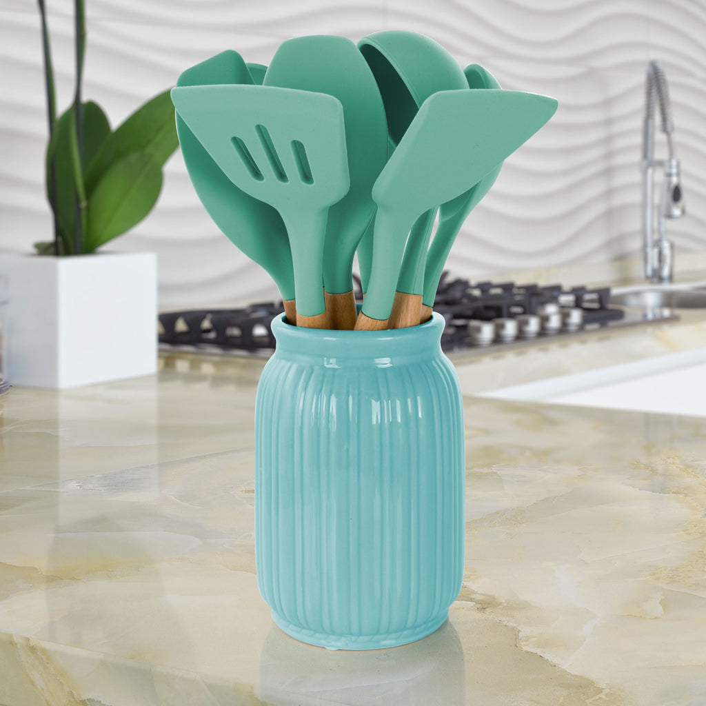 Green 9 Piece Silicone and Wood Cooking Utensils - Image 3