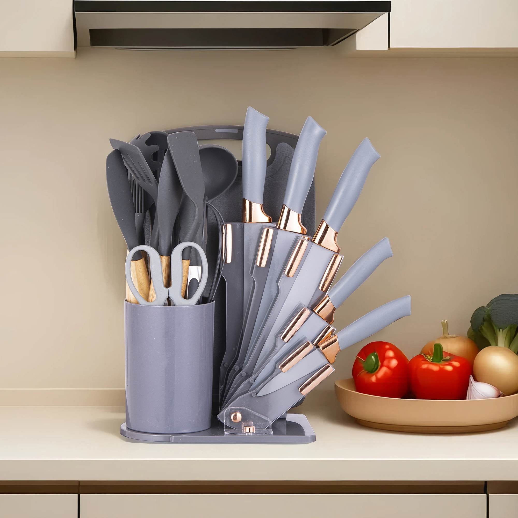 19-Piece Silicone Kitchen Utensil & Knife Set - Heat-Resistant Cooking Tools Non-Stick Safe Gift for Mom or Women Gray - Image 2