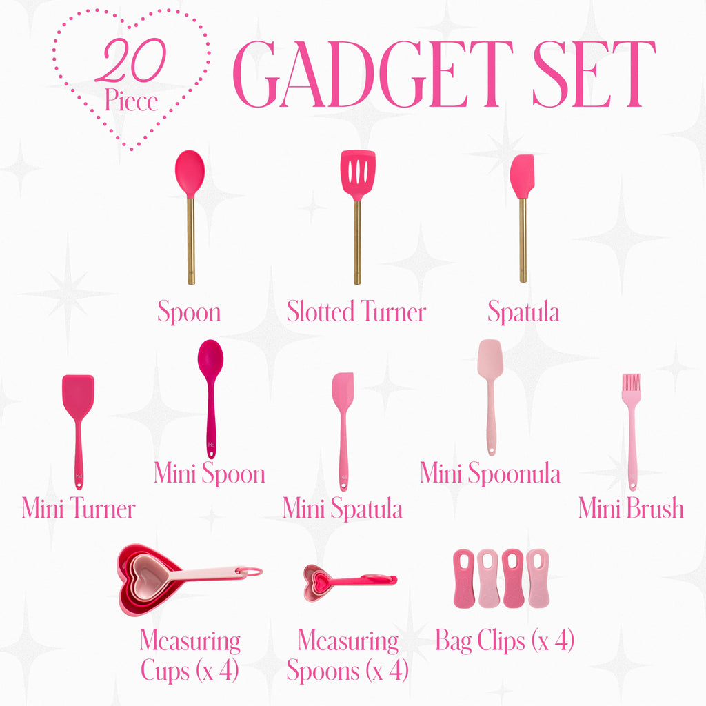 Paris Hilton 20-Piece Kitchen Gadget Set, Heart-Shaped Measuring Cups & Spoons, Silicone Tools & Bag Clips, Dishwasher Safe, Pink - Image 3