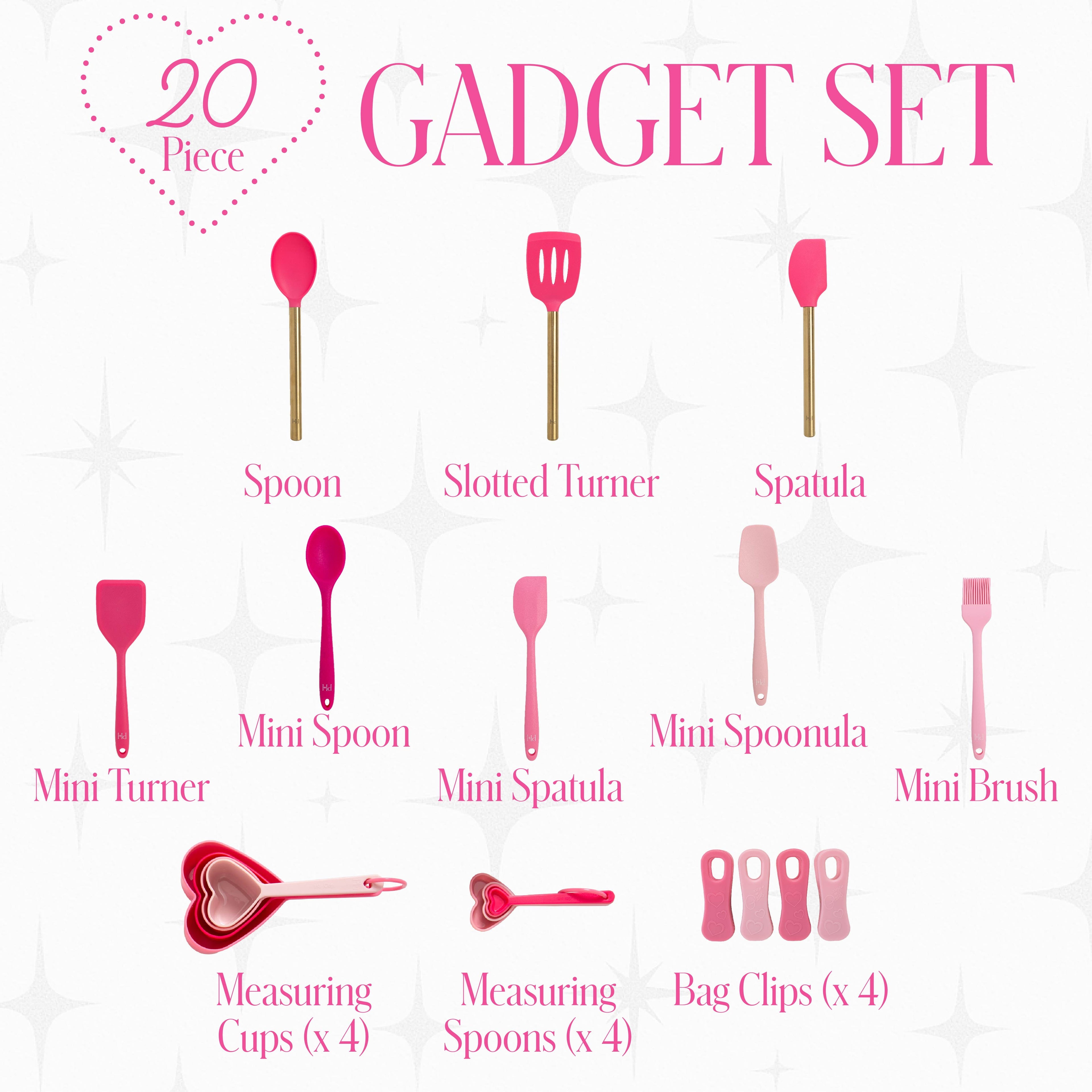 Paris Hilton 20-Piece Kitchen Gadget Set, Heart-Shaped Measuring Cups & Spoons, Silicone Tools & Bag Clips, Dishwasher Safe, Pink - Image 3