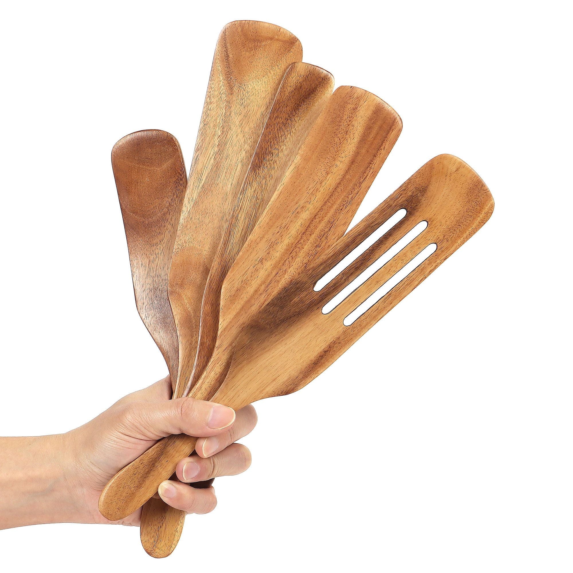 Deago 5 Pcs Wooden Cooking Utensils Natural Teak Kitchen Tools Set Heat Resistant Non Stick Wood Cookware Slotted Spurtle Spatula for Stirri - Image 5