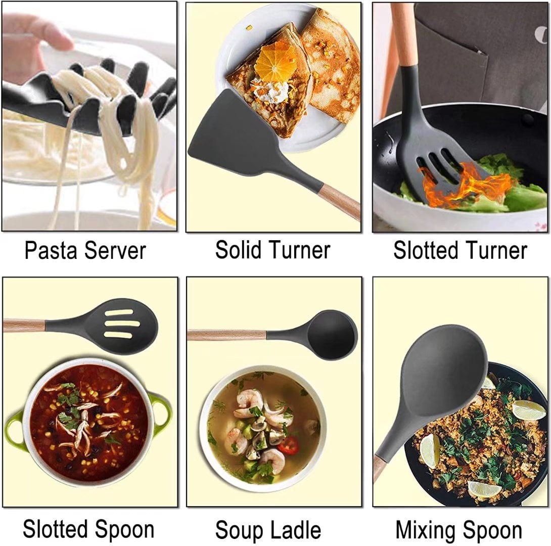 12 Pcs Silicone Cooking Utensil Set Wooden Handle Cooking Tools BPA Free Kitchen Gadgets with Holder(purple) - Image 5