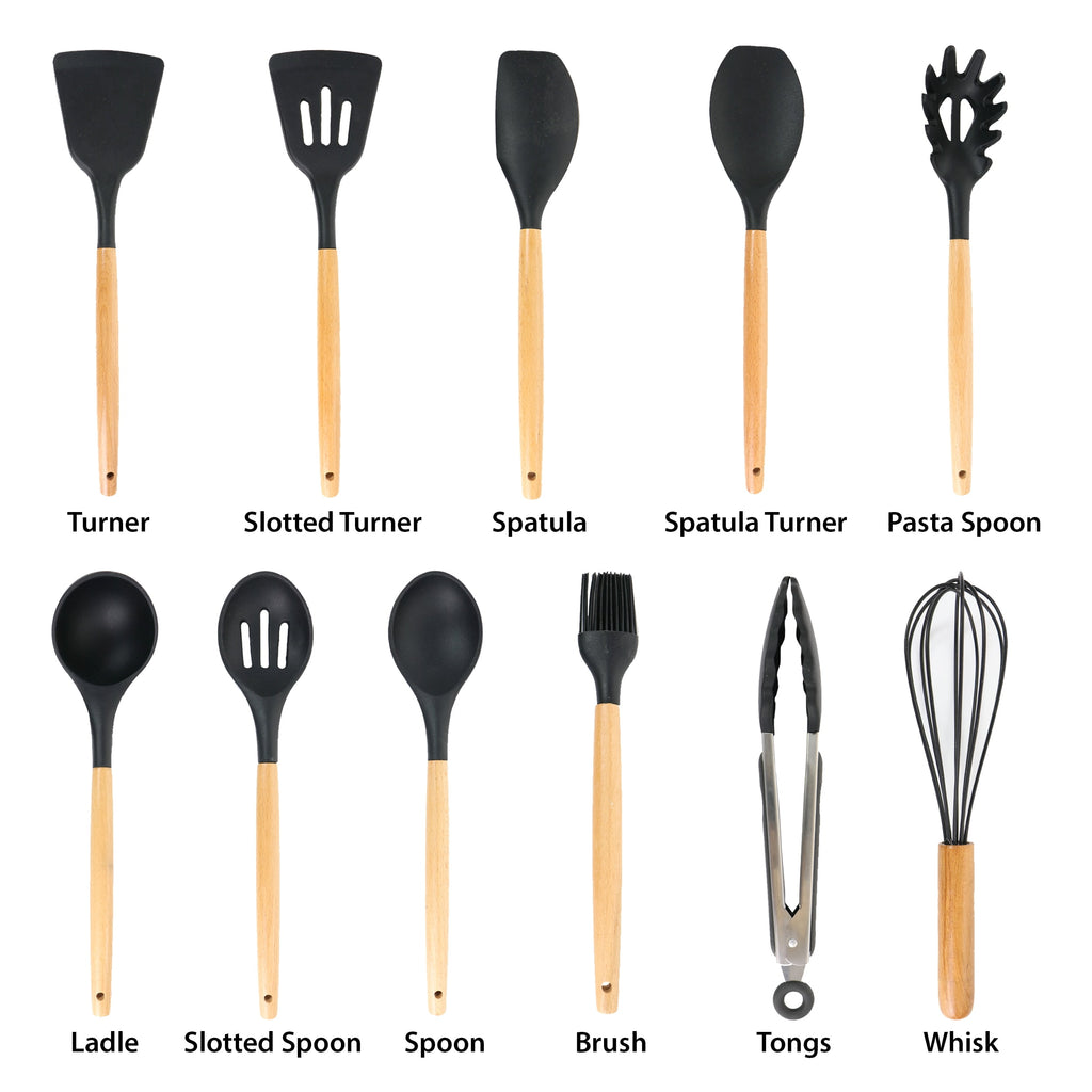 Black 12 Piece Silicone and Wood Cooking Utensils - Image 3
