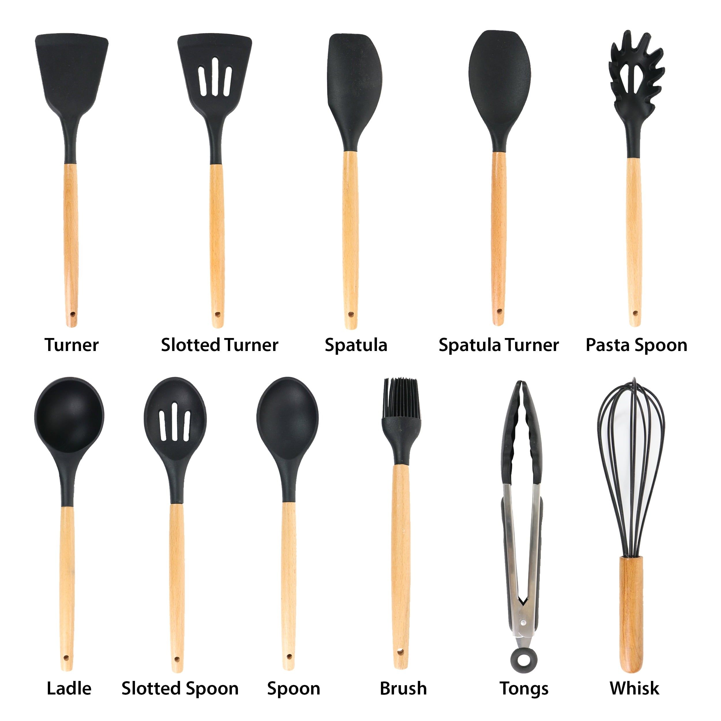 Black 12 Piece Silicone and Wood Cooking Utensils - Image 3