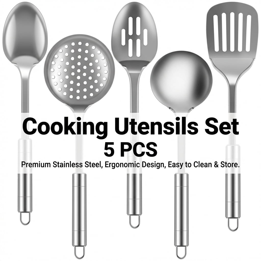 5Pcs Kitchen Cooking Utensils Set Stainless Steel Large Spoons and Spatula Set with Ergonomic Handle