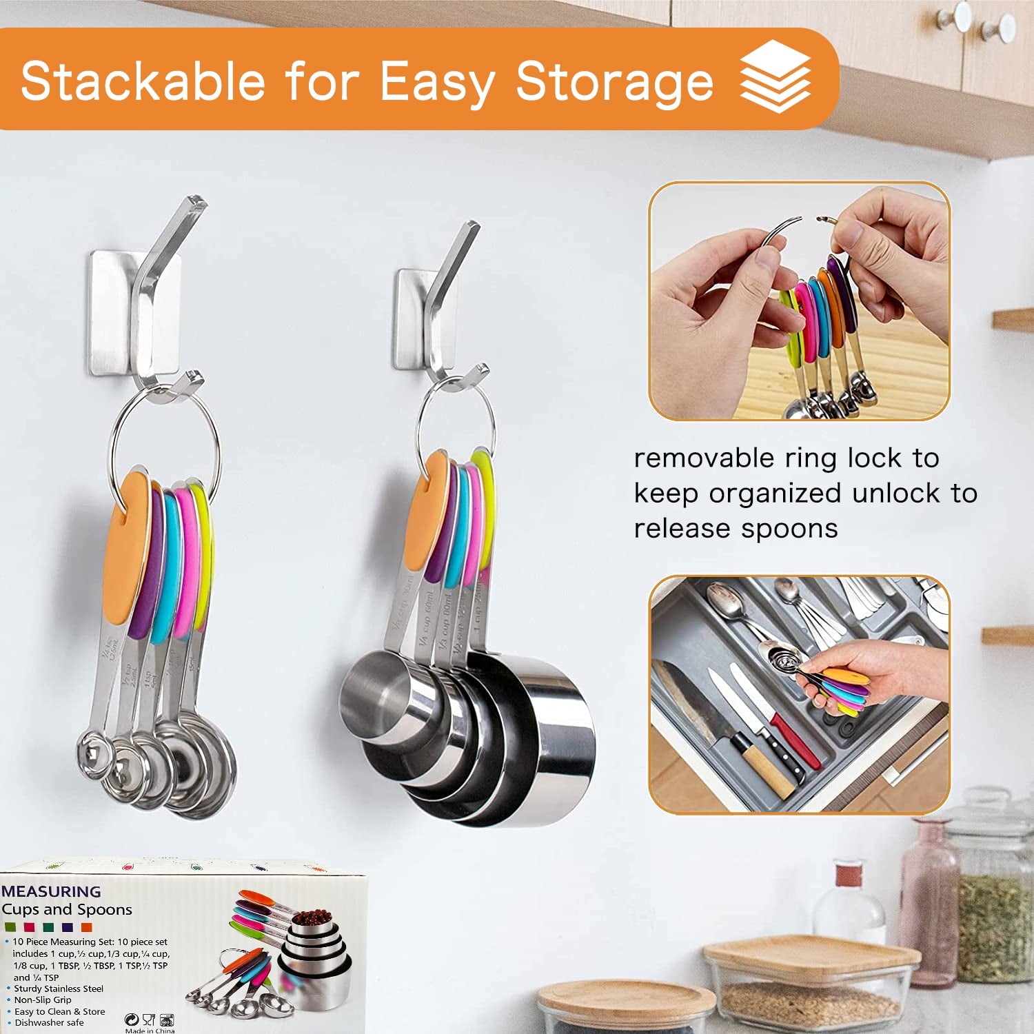 Howarmer Stainless Steel Measuring Cups and Spoons Set, 10 Piece Measuring Spoons and Cups with Soft Silicone Handles and Clearly Scale - Image 6