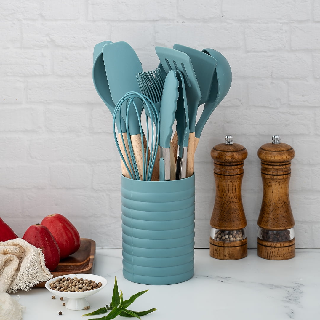 Small Silicone Cooking Utensils with Holder Set (12Pack), Aqua Kitchen Tools with Wooden Handle for Nonstick Cookware - Image 2