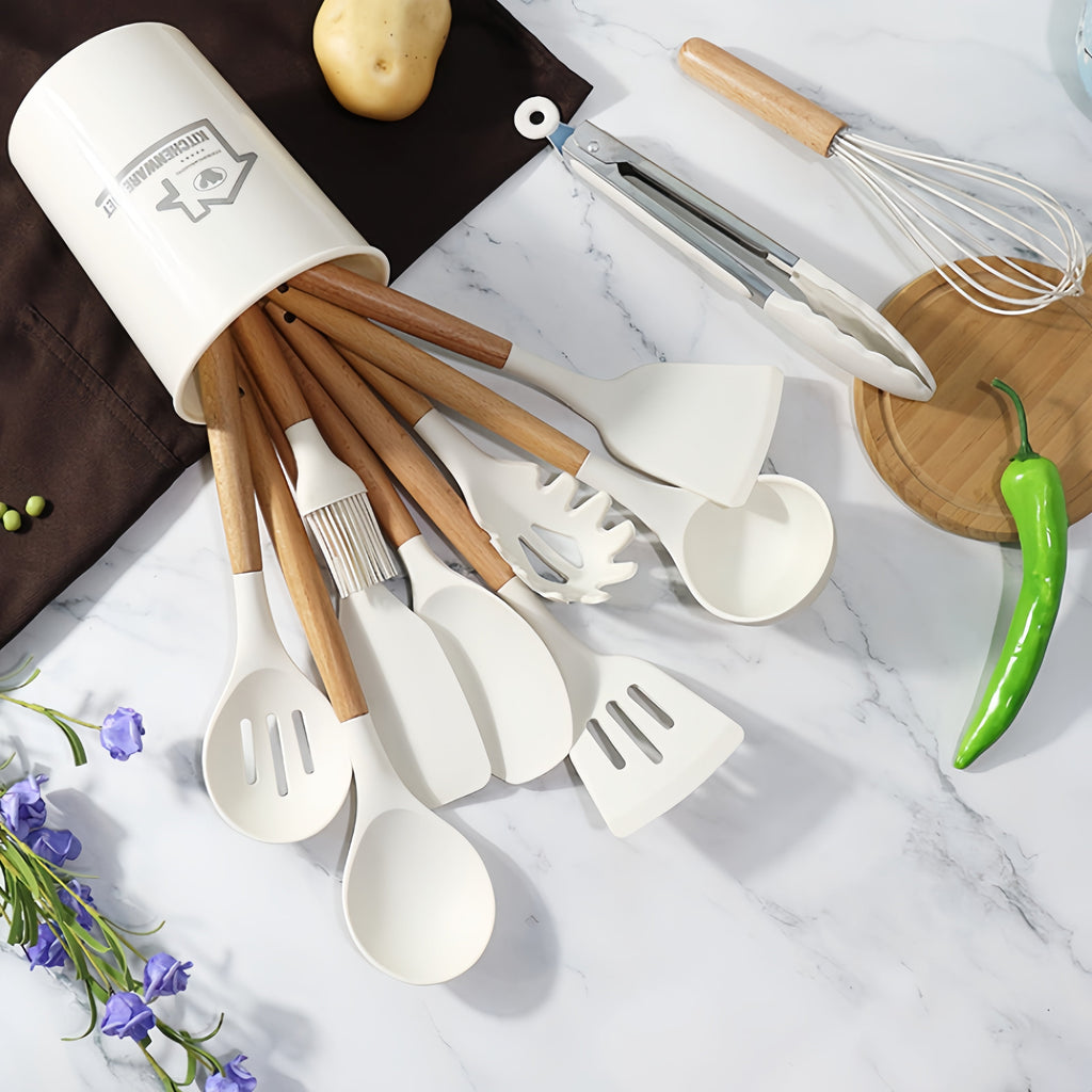 12 Of Silicone Cooking Kitchen Utensils Set, With Stand, Wooden Handle Cooking Tools, Free, Non-Toxic Turner Pliers S... - Image 4