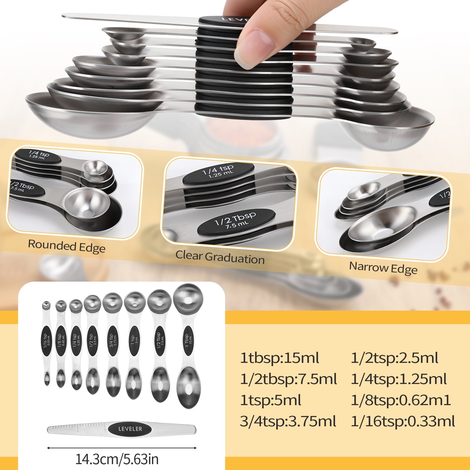 17 Measuring Cups and Magnetic Measuring Spoons Set Stainless Steel, 8 Measure Cups with Silicone Handle and 8 Double... - Image 2