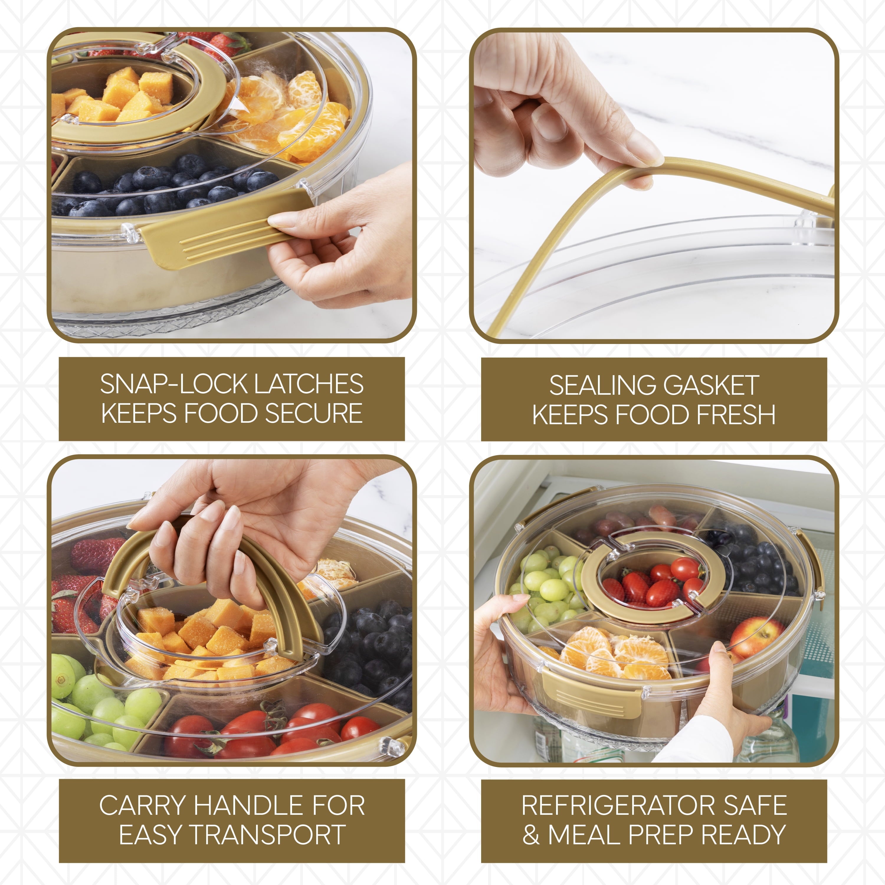 COOK WITH COLOR Round Snackle Box – 6-Compartment Serving Tray with Lid and Handle, Gold – Kids Lunch Box & Meal Prep Snack Container - Image 3