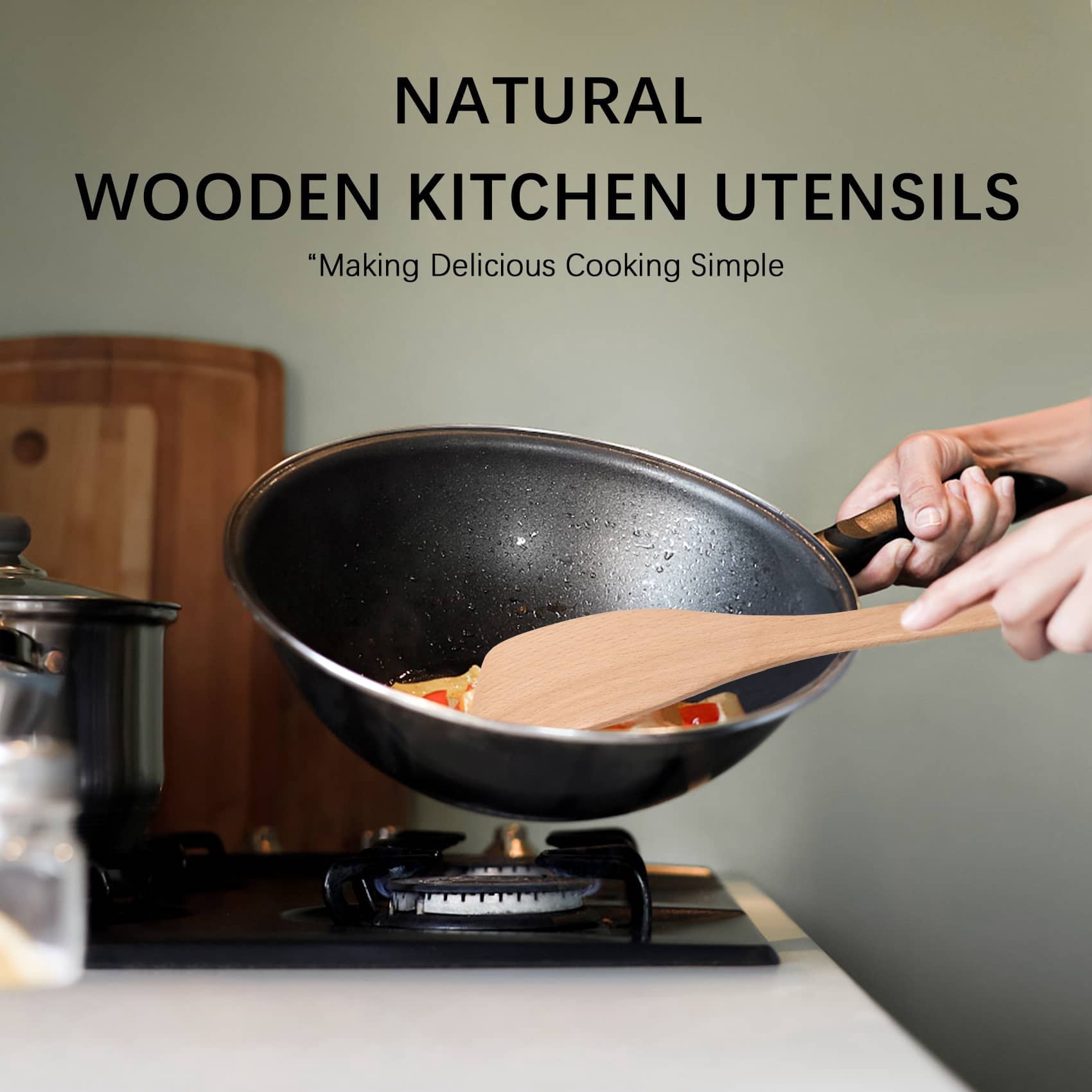 2pcs Wooden Spatulas for Cooking, 13inch Coated Beech Wood Turners for Frying, Non-Scratch Flat Spurtle for Pan & Wok... - Image 3
