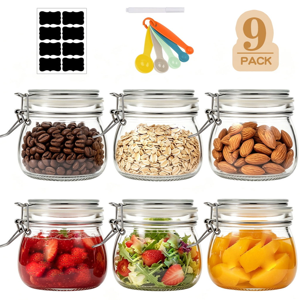 9 Pcs Airtight Glass Jars Set Includes 3 Accessories, 17oz Food Storage Jar with Airtight Clamp Lids, Small Clear Mas...