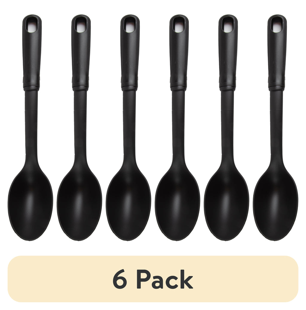 (6 pack) Nylon Solid Basting Spoon, Soft-Touch Handle, Black, Dishwasher Safe