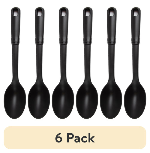 (6 pack) Nylon Solid Basting Spoon, Soft-Touch Handle, Black, Dishwasher Safe