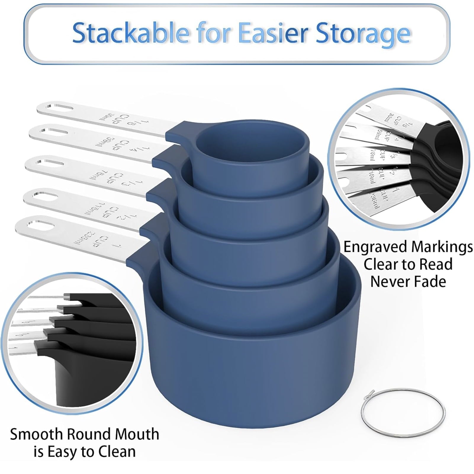 Cups & Spoons Set - Nesting Design with Stainless Steel Handles, Space-Saving Kitchen Gadgets for Baking & Cooking（Blue） - Image 3