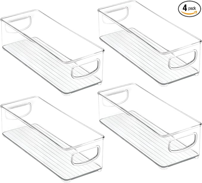 (M-Design) Discount Kitchen Cabinet and Pantry Storage Organizer Bins - Pack of 4, Shallow, Clear