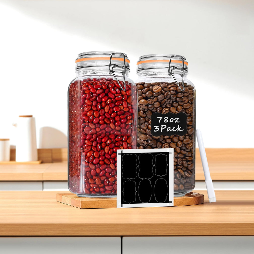 78oz Glass Jars with Airtight Lid : 3 Pack Large Food Storage Container with Labels, Clear Canister for Flour, Sugar,... - Image 5