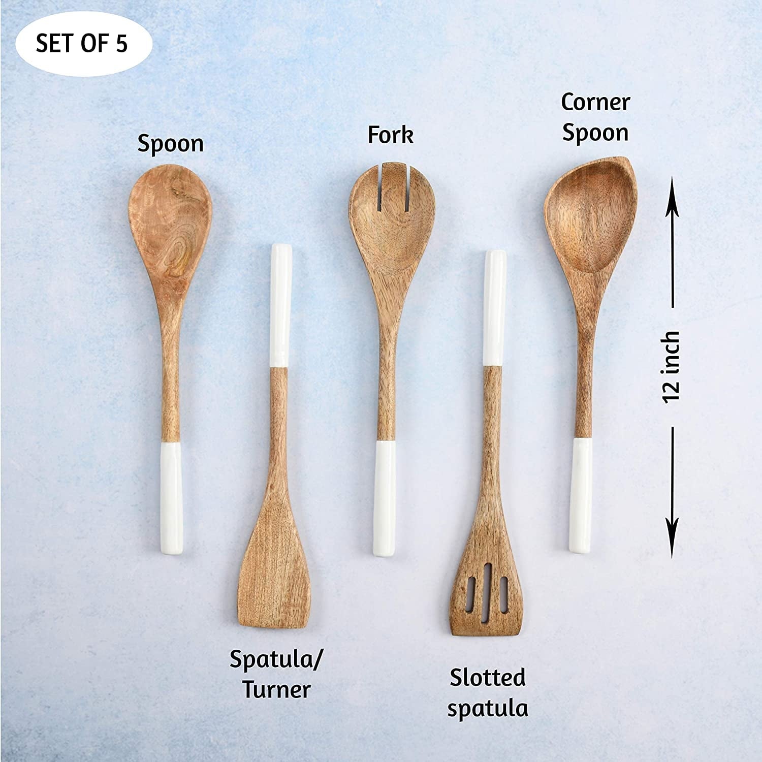 Wooden Spoons for Cooking Set for Kitchen, Non Stick Cookware Tools or Utensils, Set of 5 - 12 inches long, Acacia Wo... - Image 3