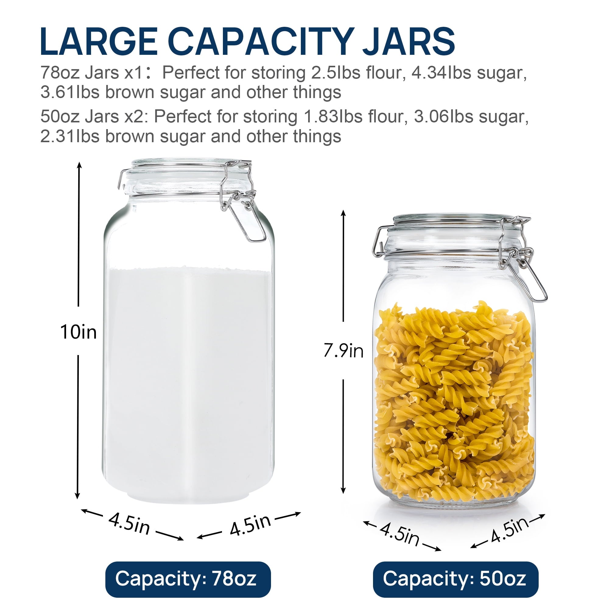 3 PCS Airtight Glass Jars with Lids, 3 PCS Food Storage Canister, Square Mason Jar Containers, 78oz*1+50oz*2 - Image 2