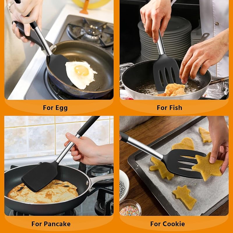 4-Piece Silicone Cooking Utensils Set, Heat Resistant Non-Stick Kitchen Utensils with Stainless Steel Handle, Slotted... - Image 6