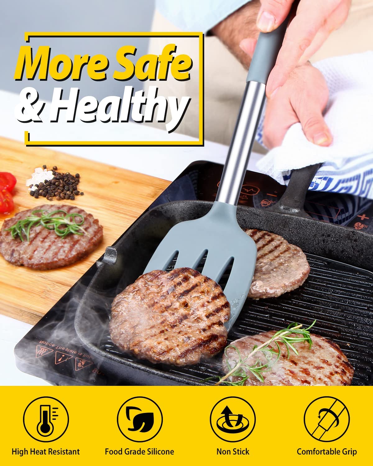 4 Pack Silicone Home Kitchen Cooking Utensils Set,Solid Slotted Spatulas Spoons Set, Gray - Image 6
