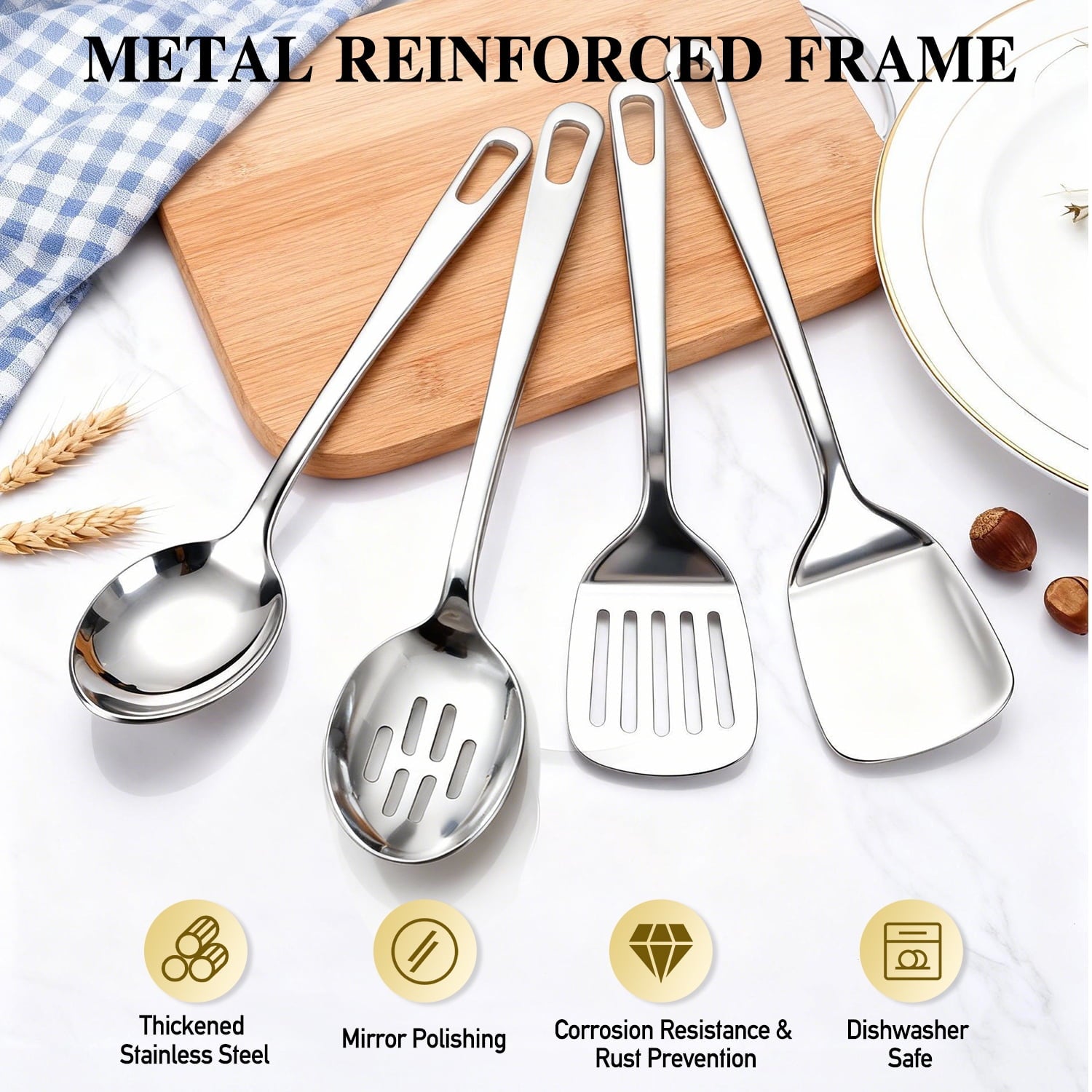 4 Pcs Cooking Utensils Set, Stainless Steel Kitchen Utensils, Kitchen Tools Set Include Solid & Slotted Turner Wok Sp... - Image 2