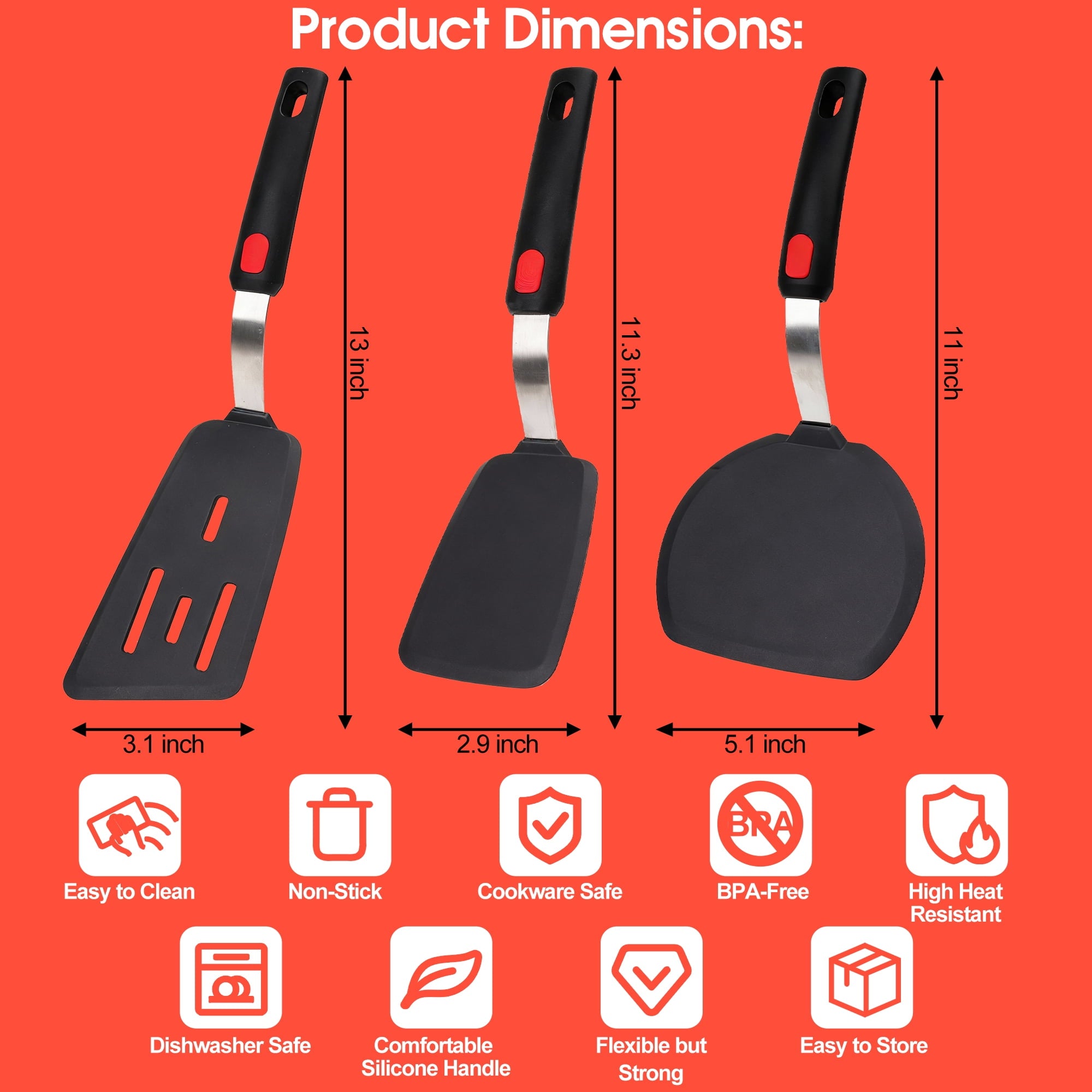 Silicone Spatula Turner, 600F Heat Resistant Silicone Spatula Turner Flipper for Cooking, Non Stick and Non Scratch,Qissep Kitchen Utensils - Image 2