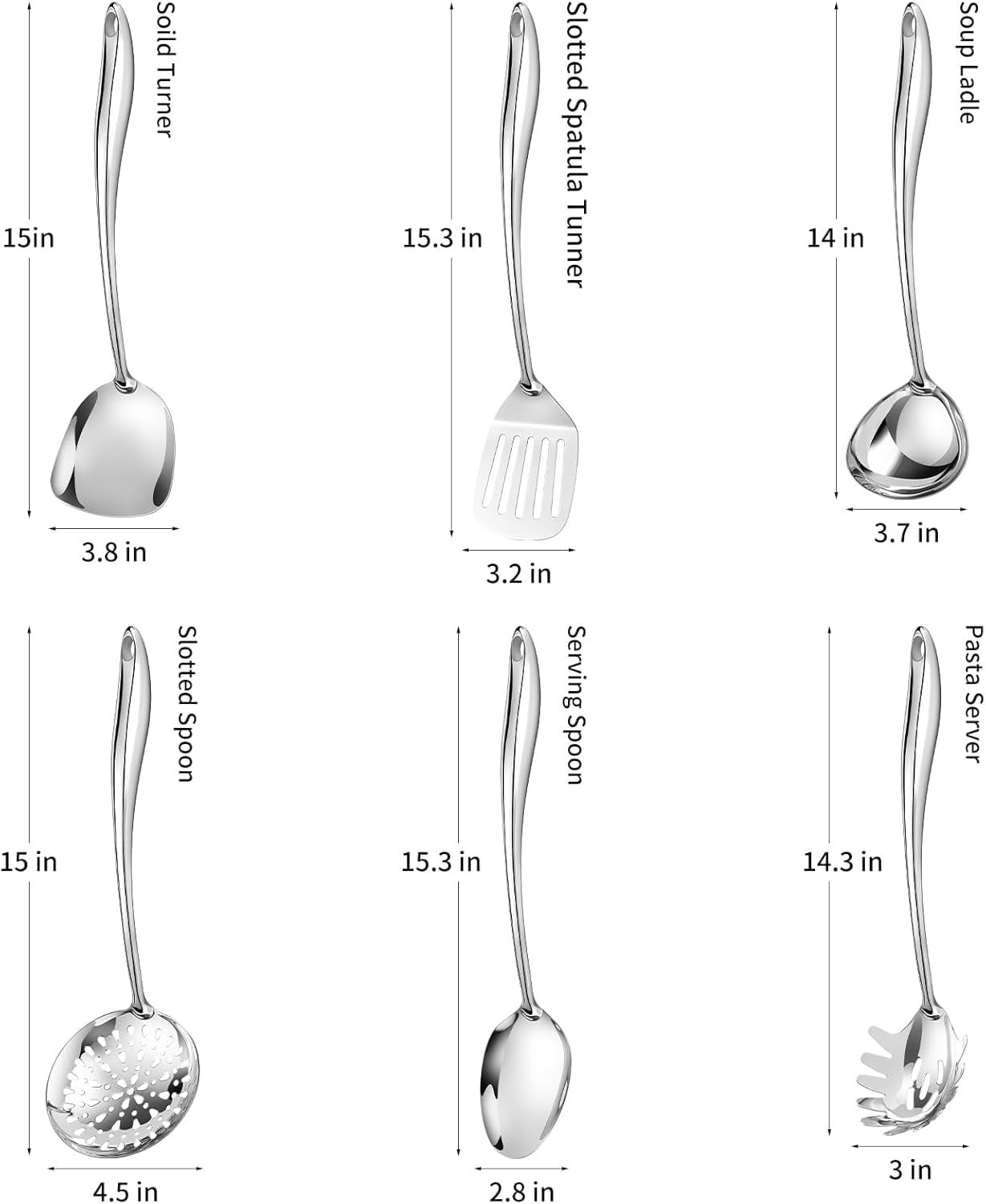 304 Stainless Steel Cooking Utensils Set,6 Pcs Long Metal Kitchen Utensils Set with Spatula, Solid Spoon, Ladle, Skim... - Image 4