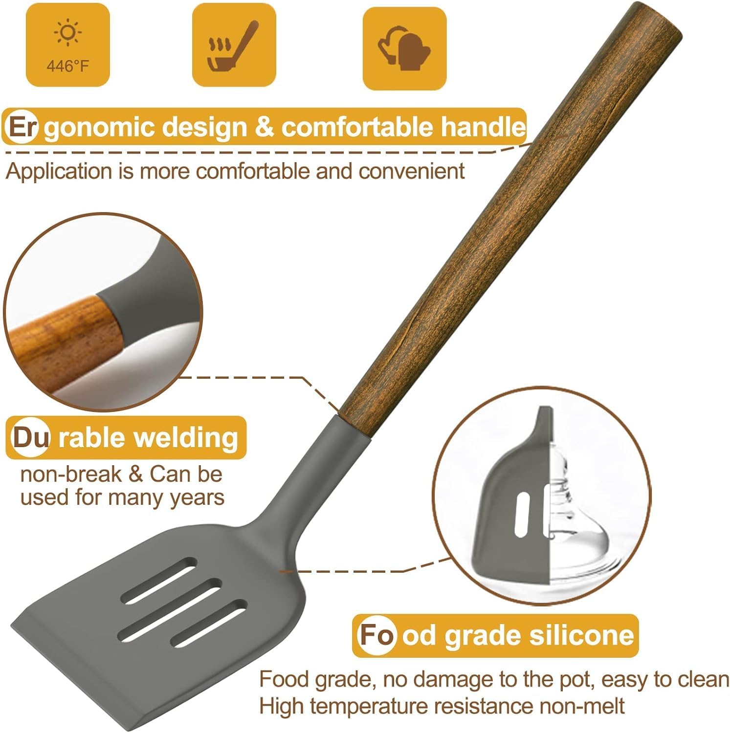 Kitchen Cooking Utensils Set, 12 pcs Non-Stick Silicone Cooking Kitchen Utensils Spatula Set with Holder, Wooden Hand... - Image 3