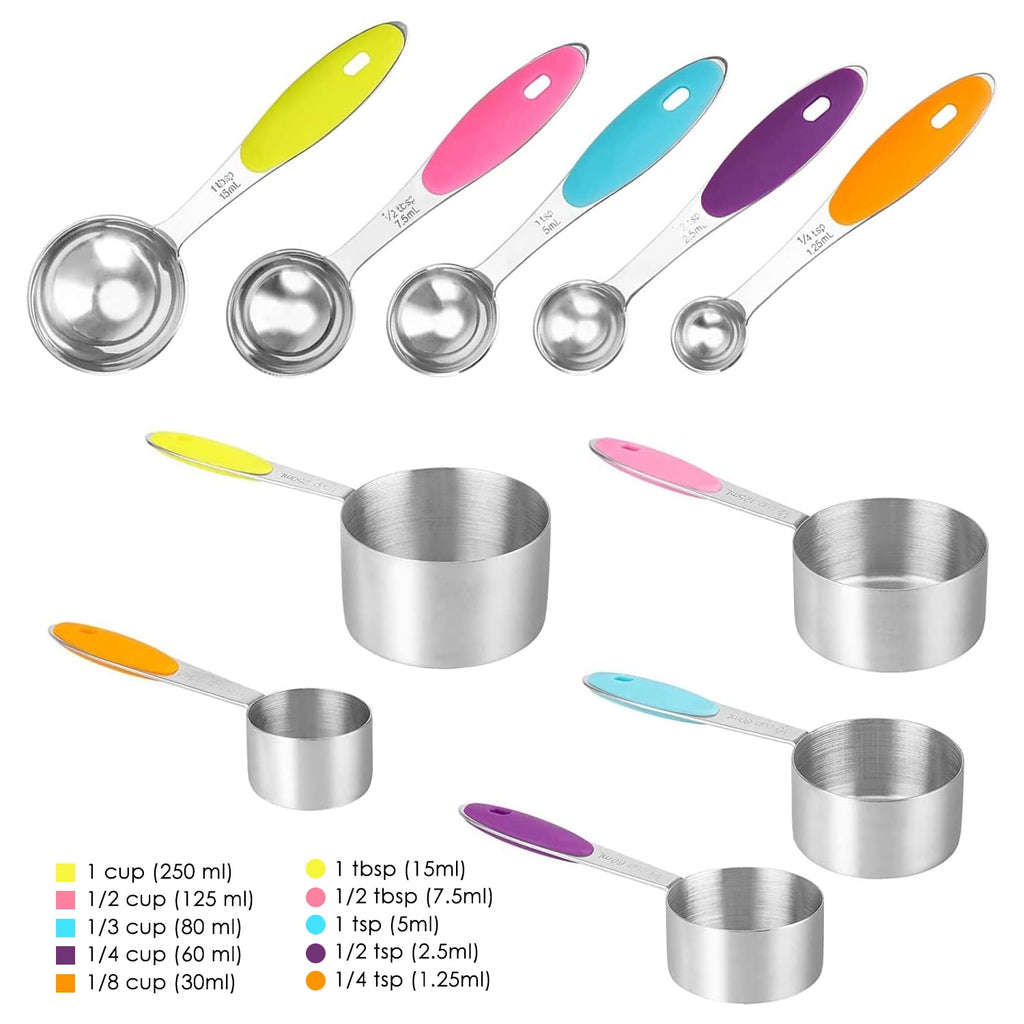 Howarmer Stainless Steel Measuring Cups and Spoons Set, 10 Piece Measuring Spoons and Cups with Soft Silicone Handles and Clearly Scale - Image 2