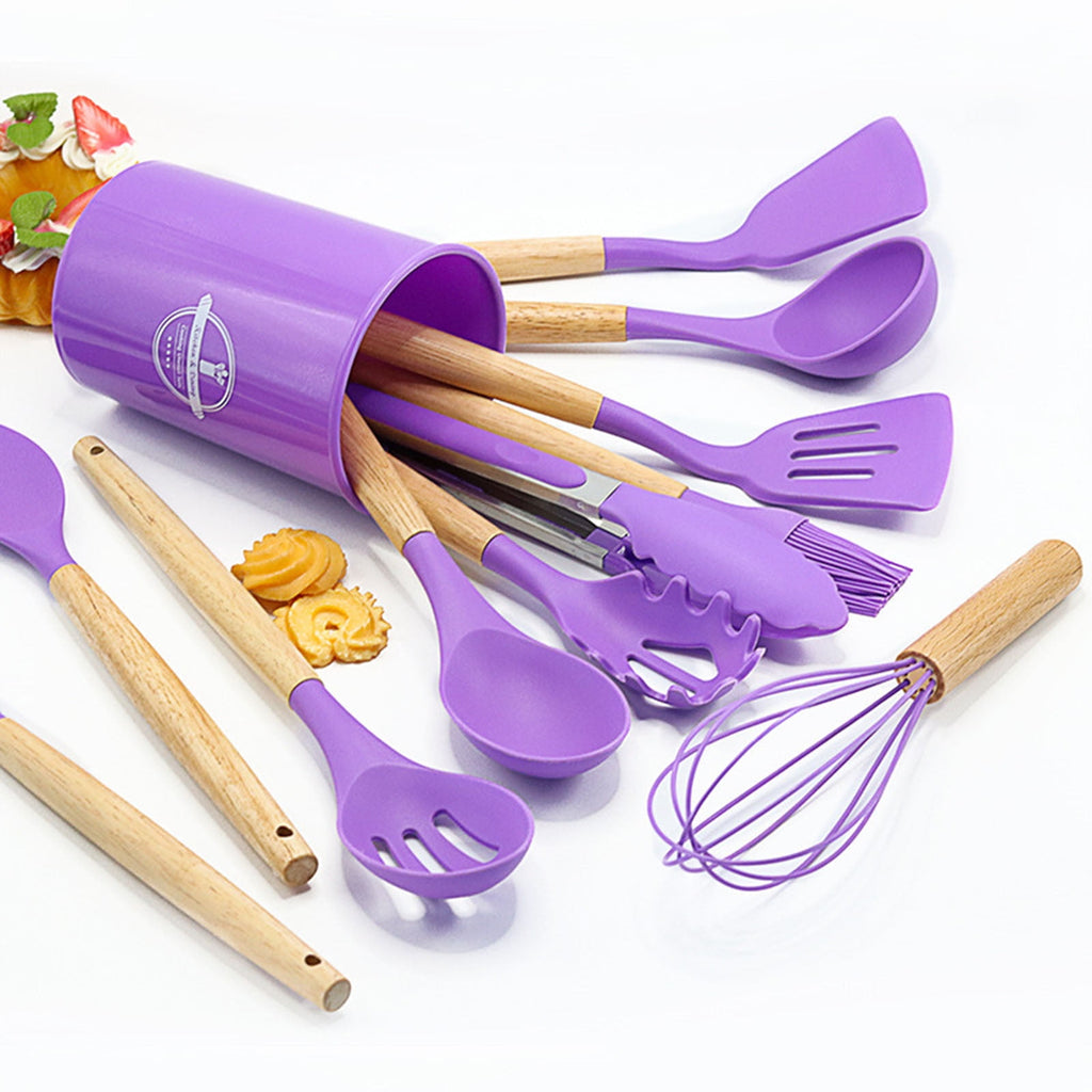 12Pcs Kitchen Utensils Set with Holder,Wooden Handles Tool,BPA Free,Non Toxic Turner Tongs Spatula Spoon Kitchen Gadg... - Image 6